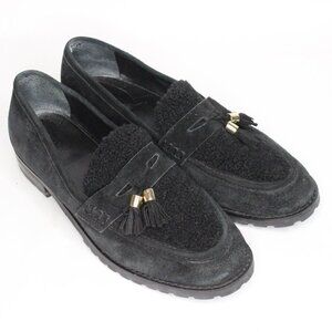 Talbots Cassidy Slip On Shoes Loafer Women 9.5 Black Suede Sherpa Tassels Preppy